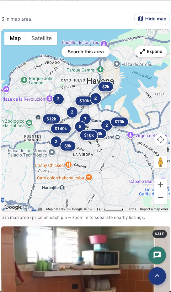 GaoCuba on a phone: Google Maps of Havana with USD price pins and a featured Cuban home photo